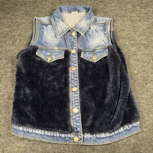 Litz‎ Womens Denim and Navy Blue Faux Fur Mixed Media Vest  Size Large